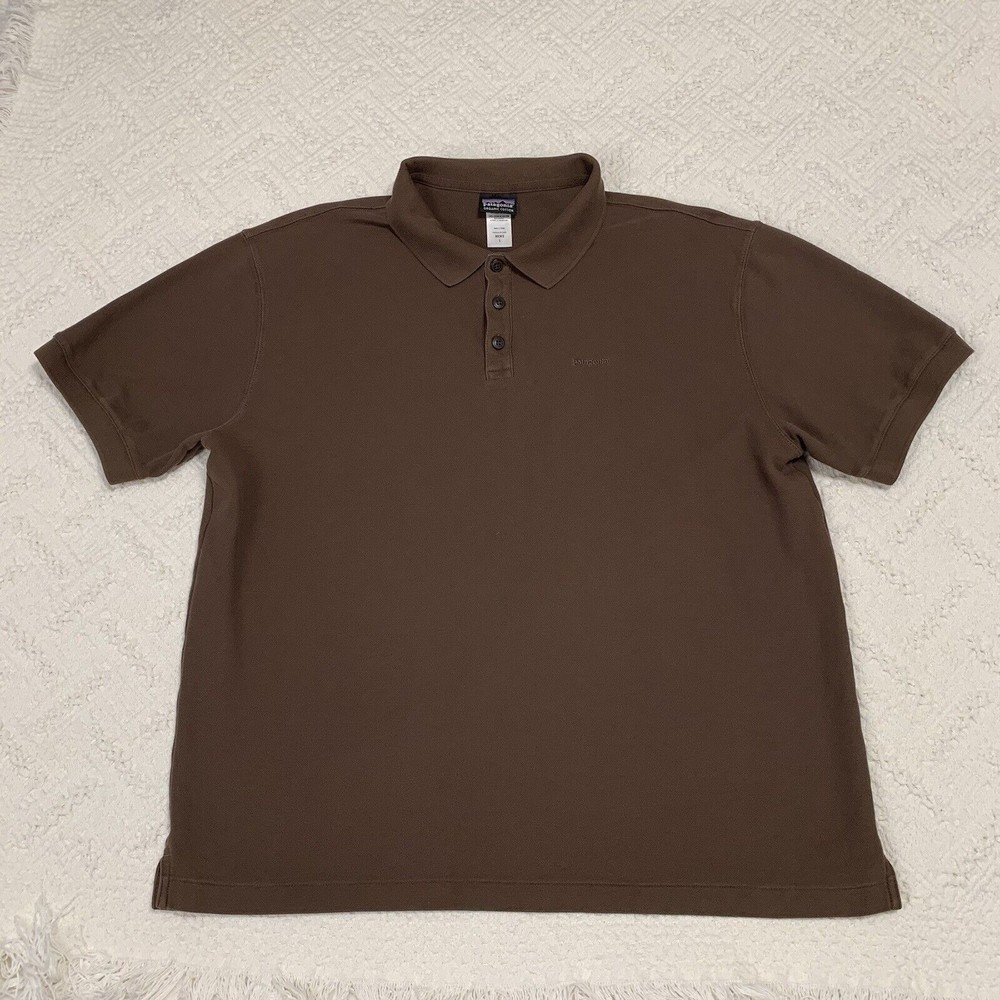 Vintage PATAGONIA Men's Large Cotton Short Sleeve Polo Shirt Brown Logo
